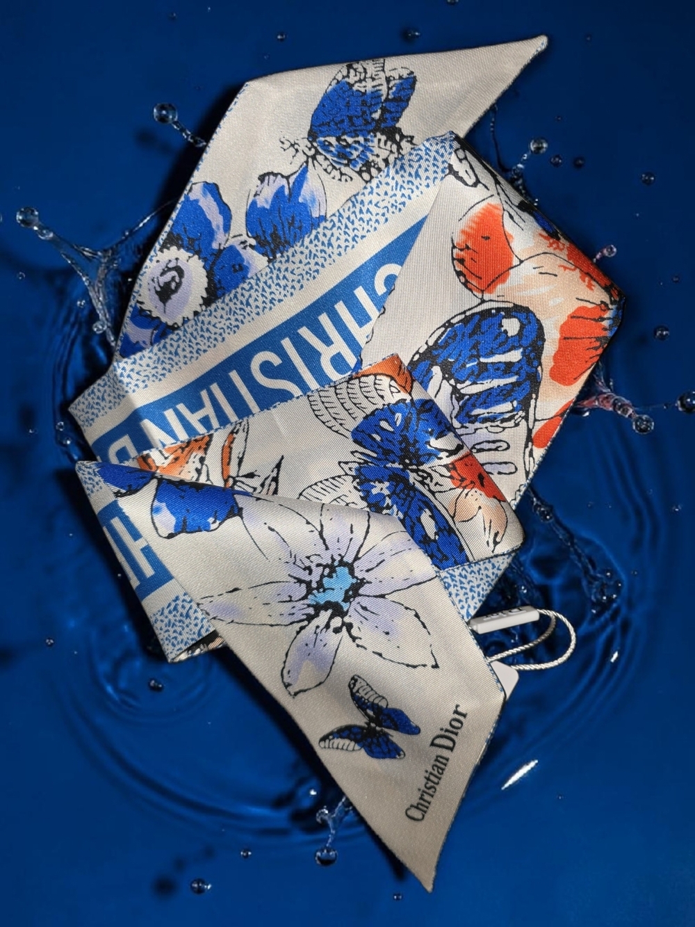 ♡♡♡ Floral Silk Scarf Bandana  Blue & Orange on Cream